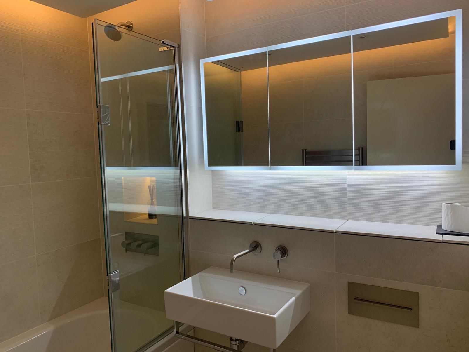 Bathroom LED backlit mirror cabinet with shower room