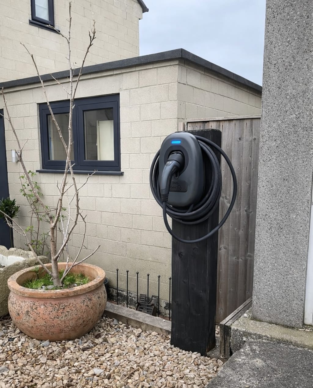 Black EV charger mounted on wooden post outside modern home