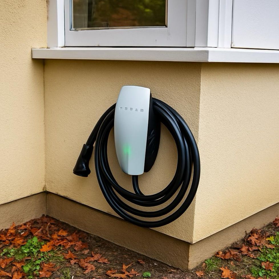 White EV charger wall-mounted on exterior with coiled black cable