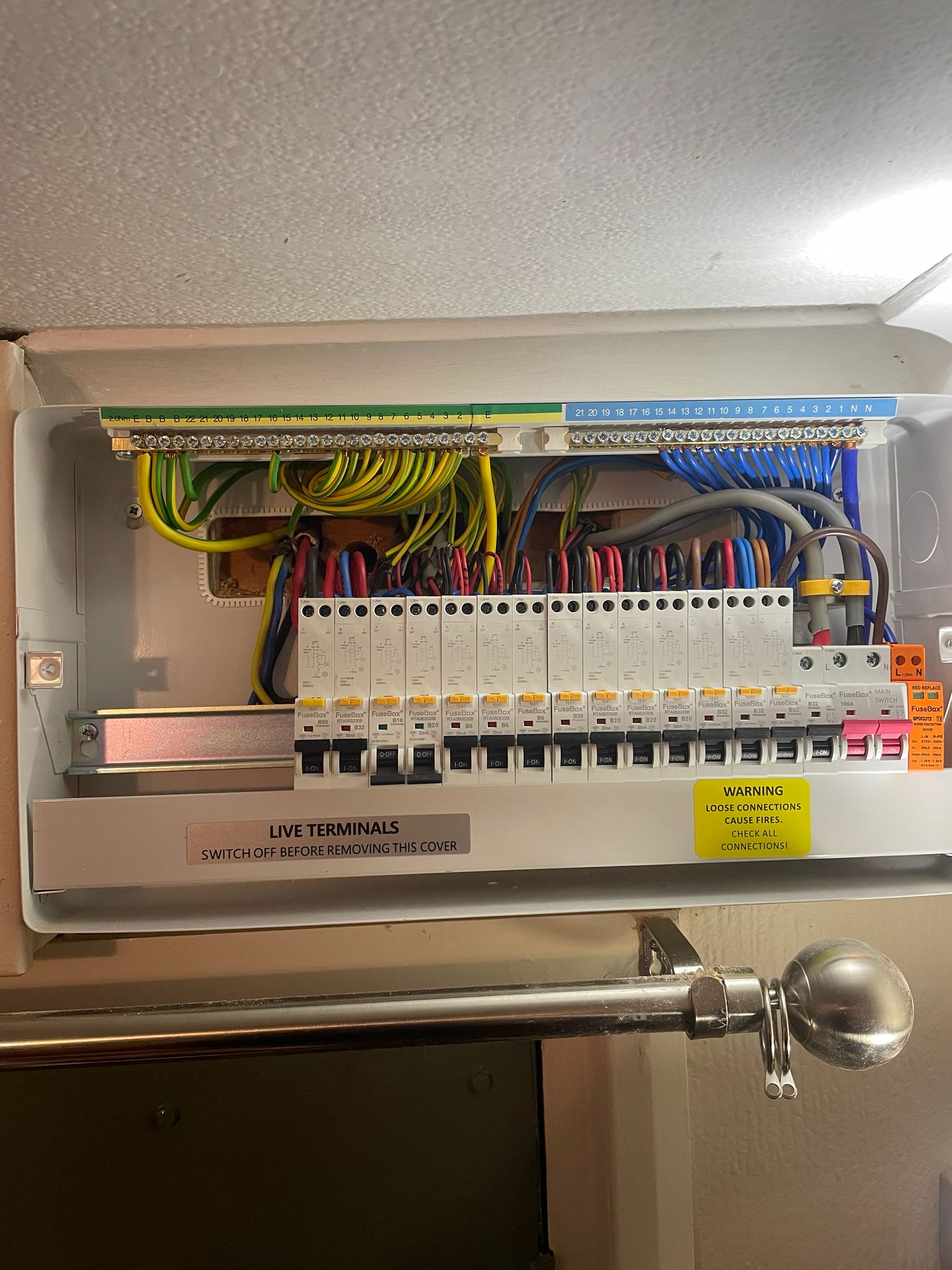 FuseBox consumer unit with MCBs and colour-coded wiring