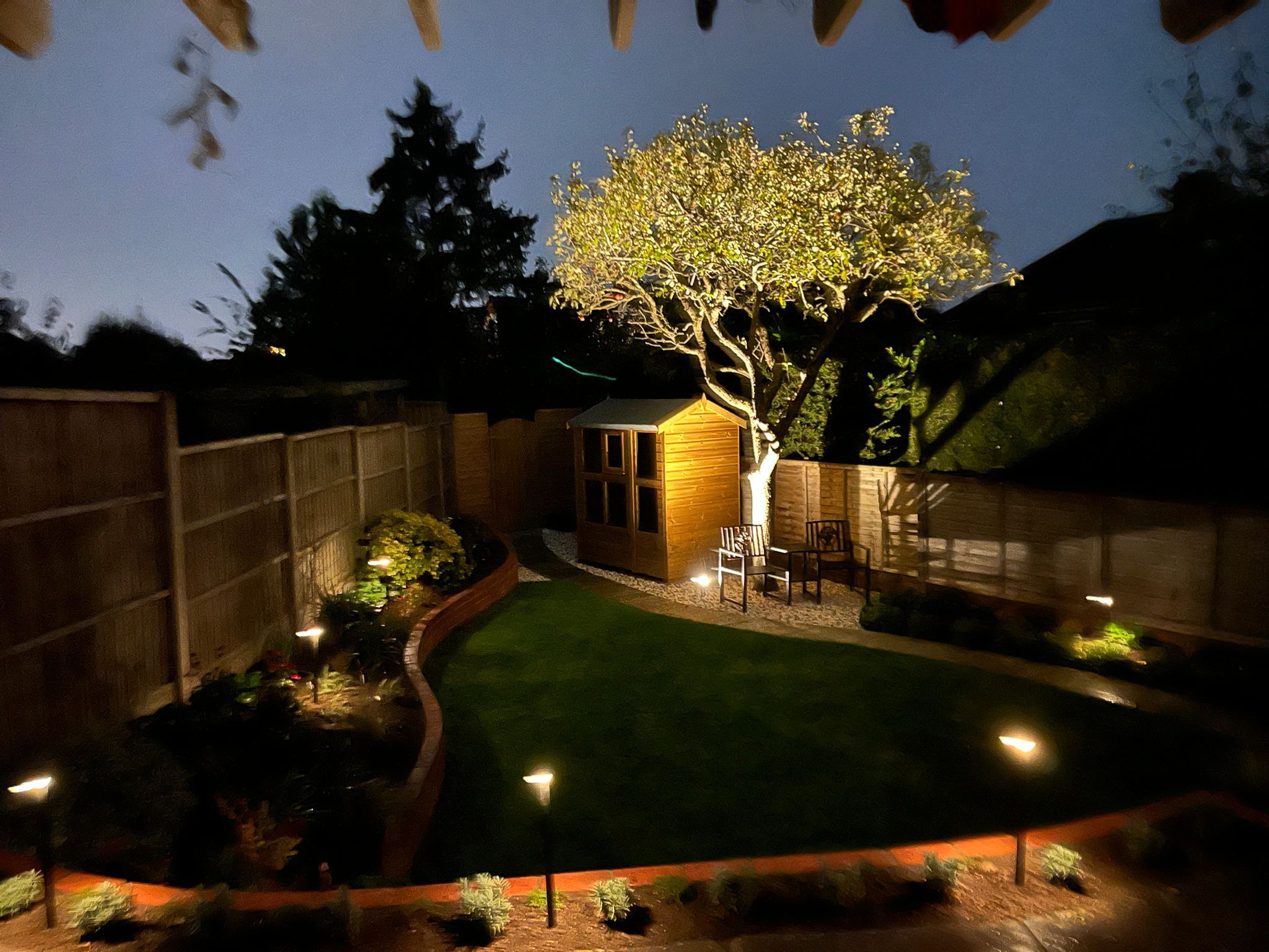 Garden with tree uplighting and ground stake lights at dusk