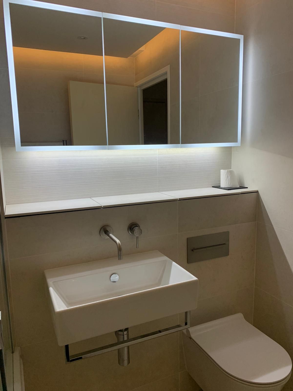 WC with LED backlit mirror cabinet and wall-mounted basin